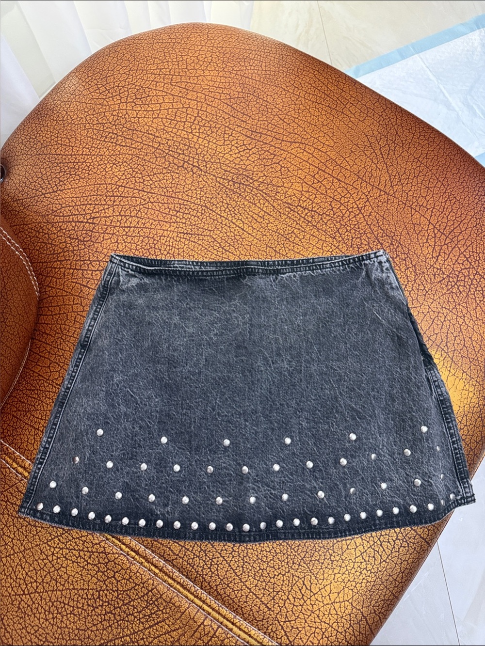Zara Black Washed Denim Mini Skirt with Silver Studs
